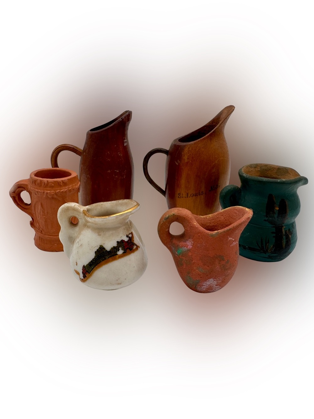 Miniature Folk Art Pitcher Lot Primitive Pottery Wood Creamers Rustic Decor